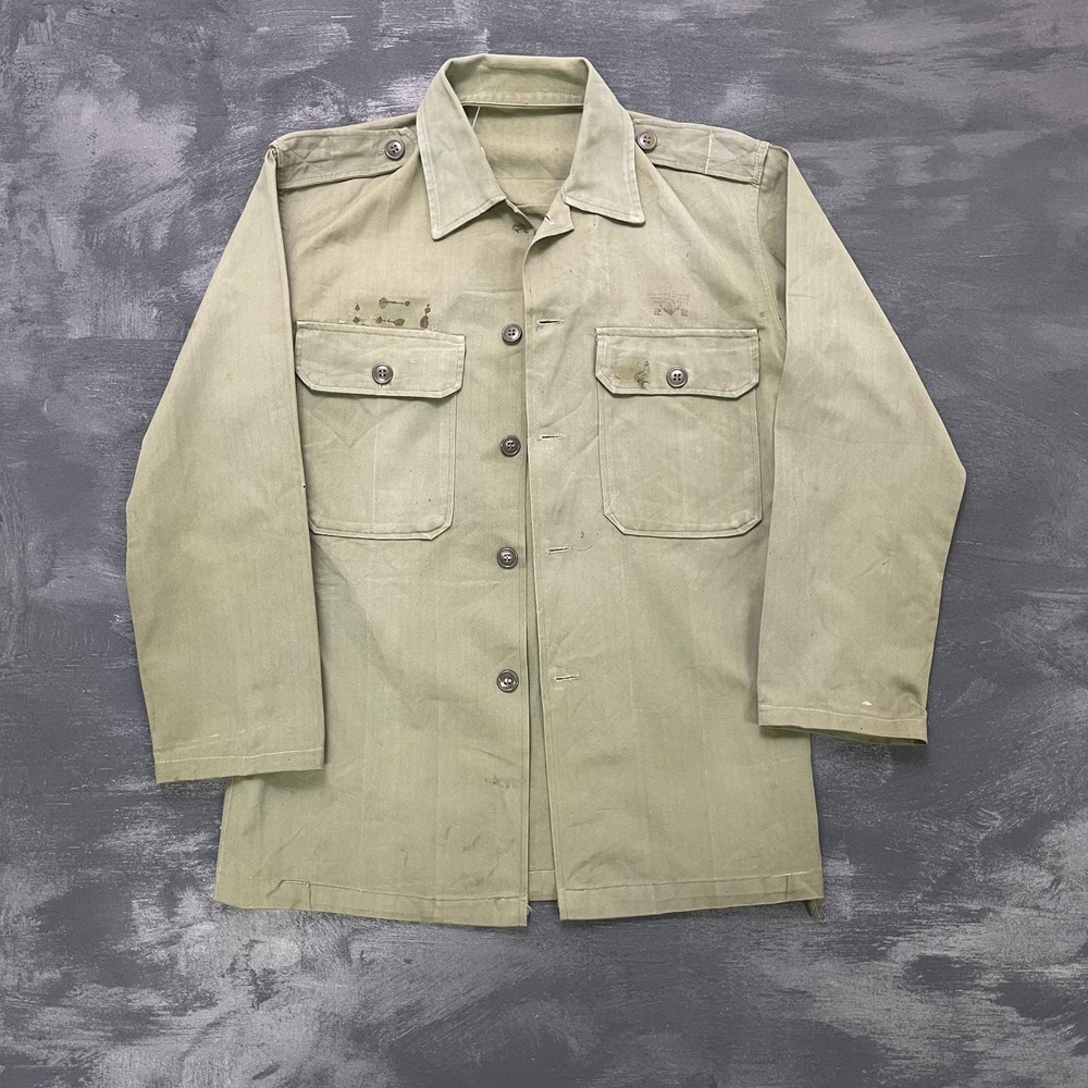 Vintage HBT Cotton Summer Uniform Shirt Mens Medium Green 1960s US Army
